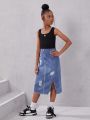 SHEIN Kids Cooltwn Big Girls' Daily Casual Knitted Sleeveless Vest Top And Denim Printed High Slit Skirt