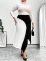 SHEIN Privé Plus Size Women'S Contrast Color Irregular Hem Skirt