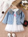 2pcs/set Baby Girls' Spring Autumn Outfits, Denim Jacket With Heart Shaped Mesh Dress, Cute And Fashionable