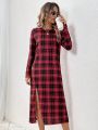 SHEIN LUNE Plaid Hem Slit Long Sleeve Dress