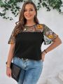 SHEIN LUNE Plus Size Embroidered Mesh Patchwork T-Shirt