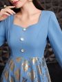 SHEIN Modely Women's Button Decorated Long Sleeve Dress