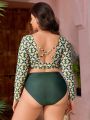 SHEIN Swim SPRTY Plus Size Women's Floral Print Long Sleeve Crop Top Swimsuit Set