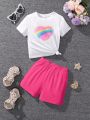 SHEIN Little Girls' Love Heart Mesh Splice Top & Solid Color Shorts Set