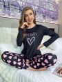 Women's Black And Pink Matching Heart Print Comfortable Pajama Set