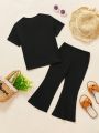 Toddler Girls' Casual Heart Shaped Pattern Round Neck Short Sleeve Top & Bell Bottom Pants 2pcs/Set, Suitable For Summer