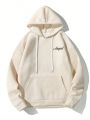 Extended Sizes Men Plus Slogan & Angel Print Kangaroo Pocket Drawstring Hoodie