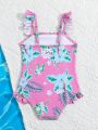 Baby Girls' One-piece Swimsuit With Flower Pattern And Ruffled Hem