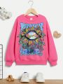 Girls' Casual Cartoon Print Long Sleeve Round Neck Sweatshirt, Suitable For Autumn & Winter