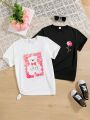 SHEIN Kids EVRYDAY Tween Girls Double Cartoon Print Short Sleeve T-Shirt