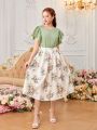 SHEIN Teen Girl's Woven Solid Color Double Layer Ruffle Hem Shirt And Floral Print Skirt Two Piece Set