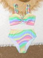 Teen Girls' Stylish Rainbow Striped Front Tie Bikini With Split Design