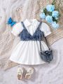 Baby Girl'S Denim Suspender And Puff Sleeve Dress Suit