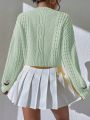 Floral Embroidery Cable Knit Drop Shoulder Crop Sweater