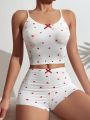 Heart Print Bow Front Cami Top & Shorts PJ Set