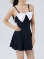 Women's One Piece Swimsuit With Bowknot Decoration And Color Blocking Design