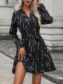 SHEIN LUNE Printed Turn-down Collar Buttoned Belted Dress