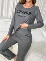 Women's Dark Grey Letter Print Ribbed Loungewear Set