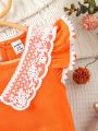 Infant Girls' Orange Lace Spliced Elegant Romantic Cute Daily Casual Jumpsuit, Spring/Summer