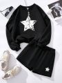 Girls' Star Patterned Round Neck Long Sleeve Sweatshirt And Sport Pants 2pcs/Set For Fall And Winter