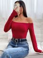 SHEIN PETITE Off-shoulder Long Sleeve T-shirt