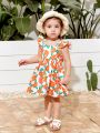 SHEIN Baby Girl's Casual Holiday Floral Pattern Colorblock Bowknot Flutter Sleeve Dress