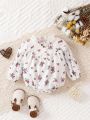 SHEIN Baby Girls' Elegant Vintage Floral Print Romper With Stand Collar And Puff Sleeves