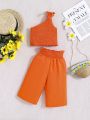 SHEIN Baby Girl's Orange Vacation Style One-Shoulder Ruffle Top And Elastic Waistband Long Pants Set For Summer