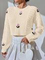 Floral Embroidery Cable Knit Drop Shoulder Sweater