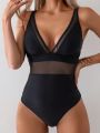 SHEIN Swim Chicsea Mesh Insert Deep V-Neck One Piece Swimsuit