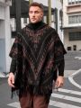 Manfinity Homme Men's Plus Size Geometric Pattern Hooded Raincoat Sweater With Batwing Sleeves And Tassel Hem