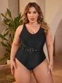 SHEIN Swim Chicsea Plus Size Women'S One Piece Swimsuit With Waist Belt