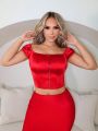 SHEIN SXY SHEIN SXY Red Corset Glossy Satin Ladies' Square Neck T-Shirt New Years Women Outfit Birthday Outfit Spring Women Clothes Prom Dress Valentine Day Dress Date Night Dress  Bachelorette Party