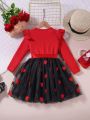 SHEIN Kids CHARMNG Young Girl Heart Mesh Patchwork Dress