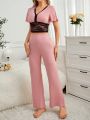 Contrasting Color Lace Decorated Flare Sleeve Top & Pants Pajama Set