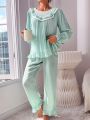 Contrast Lace Ruffle Trim Flounce Sleeve PJ Set