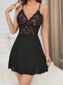 Lace Spliced Spaghetti Strap Nightgown For Women