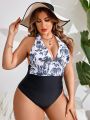 SHEIN Swim Vcay Plus Size Tropical Print Backless Halter One Piece Swimsuit