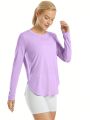 Women's Purple Sun Protection Long Sleeve T-shirt With Split Hem Detail Below Neckline