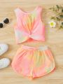 SHEIN Kids EVRYDAY Girls Tie Dye Twist Hem Tank Top & Shorts