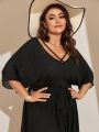 SHEIN Swim Basics Plus Size Cross V-Neck Split Hem Belted Cover Up Dress