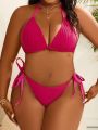 SHEIN Swim Vcay Plus Size Solid Color Halter Top With Knotted Side Triangle Bikini Bottoms Swimsuit Set