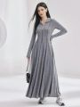SHEIN Mulvari Women'S Color-Block Zipper Half Placket Long Sleeve Dress With Rolled Hem