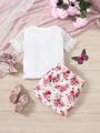 SHEIN Kids QTFun Little Girls' Floral & Heart Pattern Mesh Panel T-Shirt And Skirt Set