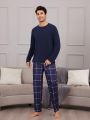 Men'S Solid Color Long-Sleeved T-Shirt And Plaid Trousers Loungewear Set