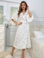 Polka Dot Print Ruffle Trim Flounce Sleeve Wrap Belted Robe