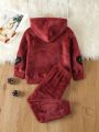 Girls' Fleece Lined Heart Printed Hoodie And Long Pants Set For Autumn And Winter