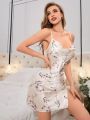 Women's White Floral Print Satin Silk Spaghetti Strap Slit Sleep Dress