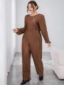 SHEIN Essnce Women's Plus Size Solid Color Pleated Lantern Sleeve Jumpsuit