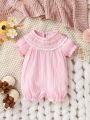 SHEIN Party Style Newborn Baby Girls' Romper With Ruffle Collar, Puff Sleeves And Shorts, Sweet, Cute, Casual, Loose, Fashionable Item For Spring And Summer